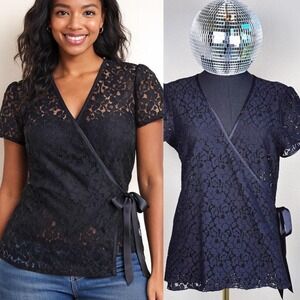 Old Navy Black Lace Wrap Top Short Sleeve V Neck Tie Waist Size M